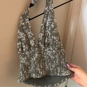 Floral Halter Neck Top - Green and White